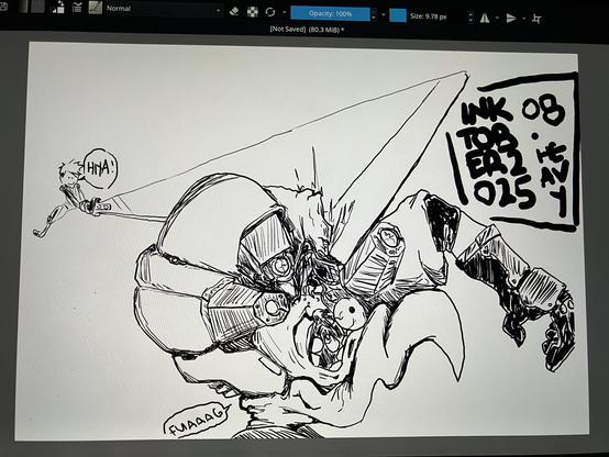 A drawing of Cloud from Final Fantasy 7 crashing his Buster Sword down on to a lower tier Midgar Soldier. A very cartoonish looking Cloud is of in the distance saying “HIYA!” while the sword is slicing/crushing into the soldier’s head; A part is broken off from their helmet, their eyeball has popped out as well. 

Soldier: “Fuaaggh”