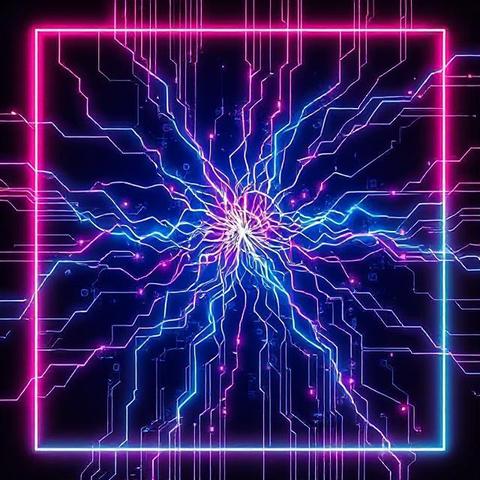 Um desenho de falha de um site descentralizado emoldurado por linhas de circuito digital cyberpunk neon.