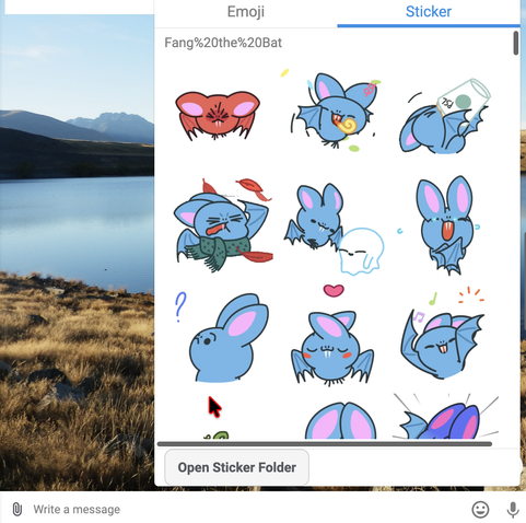 Shows image picker on Delta chat for emoji and stickers, with the sticker tab showing. What's important is the desktop app also displays an Open Sticker Folder button, which if pressed, shows folders with .webp files that contains the stickers.