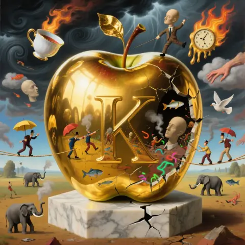 A huge golden apple inscribed with a capital letter K sits on top of a cracked marble block. A lot of silly things are happening all around it, with elephants running around and men with hats balancing on tightropes, a melting clock, flying fish, disembodied mannequin heads, etc.