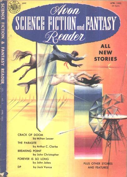 Two figures pass horizontally through what looks like a pane of glass, one of them has the upper body of a man and the lower body of a horse, the other the upper body of a woman and the lower body of a fish. A stylised depiction of some kind of structure on latticed legs is also seen.
Magazine cover from 1953.