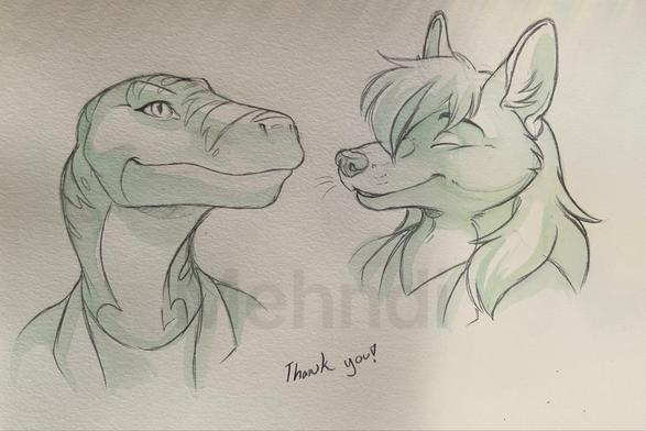A sketch of an anthro raptor and coyote. They’re facing each other and the coyote is on the right and has a big smile with closed eyes. The raptor is facing the coyote.