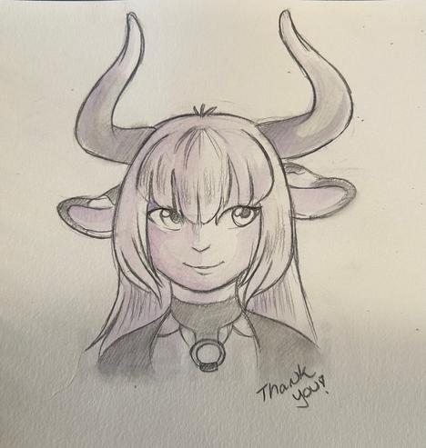 A sketch of a cow like lady with long bangs and cow like ears and some horns. She’s smiling and looking to the side.