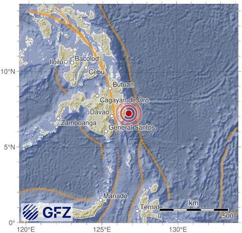 Map showing the earthquake of 2025-10-10 in Mindanao, Philippines