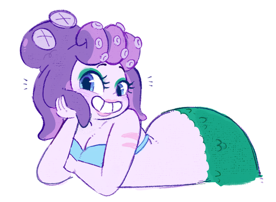 Cala Maria from Cuphead, leaning over looking at the viewer
