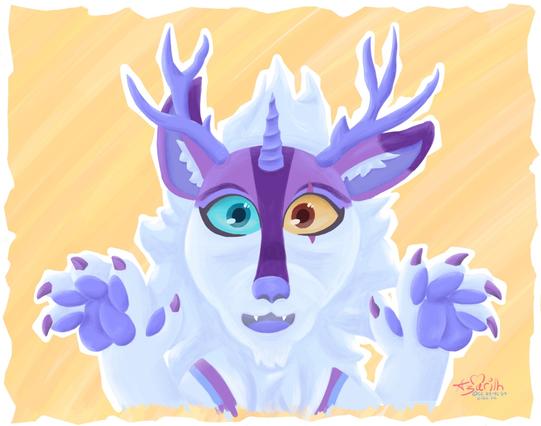 Digital painting of "Stormy", character of Verdaquill's Den. It's the older version of her character, a purple kirin-wolf hybrid. In the painting, she is smiling and raising her paws up.