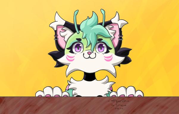 A digital drawing of a felyne-kind of anthropomorphic animal of the name Luci. Luci is staring happy at the viewer.