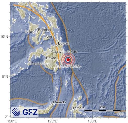 Map showing the earthquake of 2025-10-10 in Mindanao, Philippines