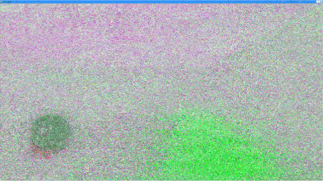 A screenshot of a screen full of white noise with green artifacts vaguely shaping a first person weapon model and a minimap.
