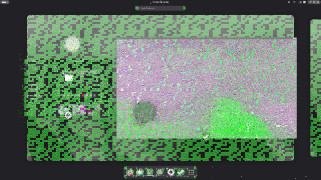 A screenshot of the overview view of GNOME with the game running in a window, everything looks corrupted by green noise and artifacts.