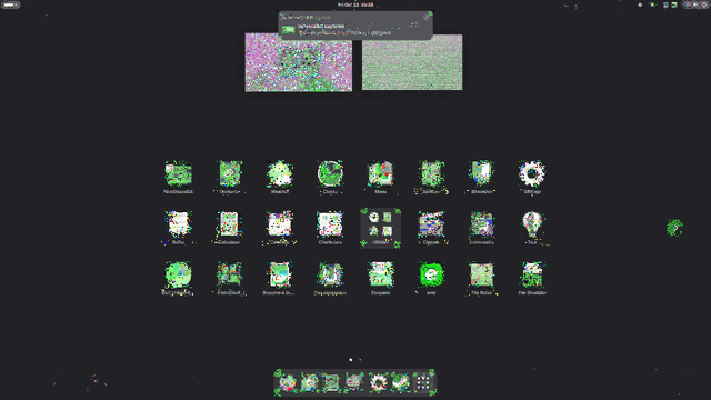A screenshot of the app menu of GNOME, everything is covered in green artifacts and text looks totally corrupted.