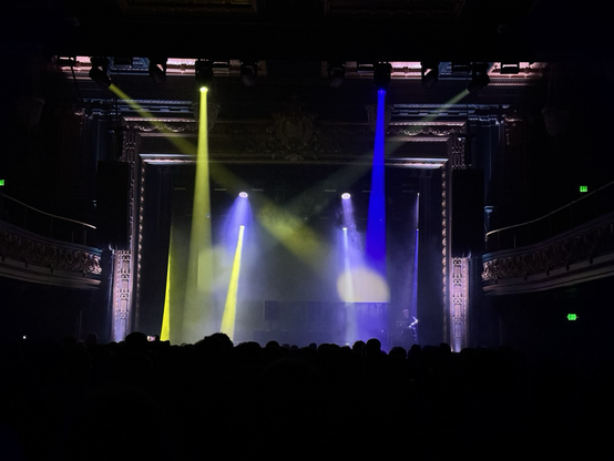 Mark Broom on the right under stage lights opening foe Autechre, the Regency, San Francisco, Oct 10 2025.
