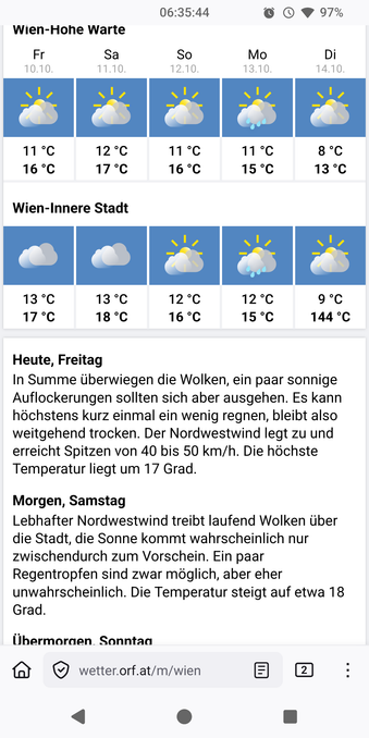 Wettervorhersage für die nächsten Tage. Für Dienstag werden 144°C vorhergesagt.