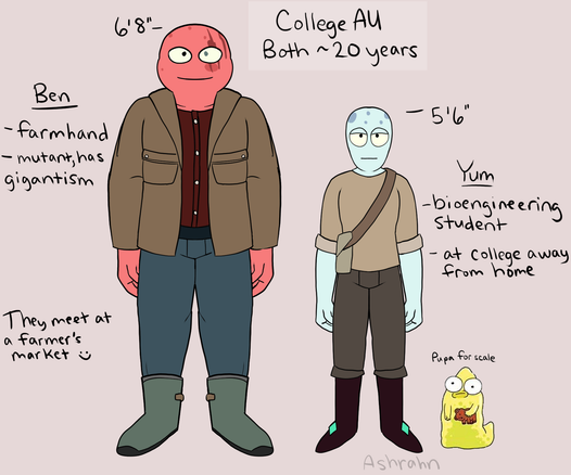 my oc ben standing next to the canon character yumyulack. ben is 6'8" and yum is 5'6". in the au yum is a bioengineering college student