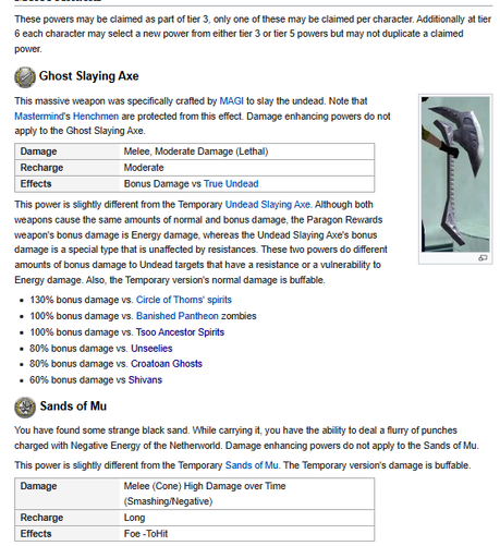 Ghost Slaying Axe

This massive weapon was specifically crafted by MAGI to slay the undead. Note that Mastermind's Henchmen are protected from this effect. Damage enhancing powers do not apply to the Ghost Slaying Axe.

Damage	Melee, Moderate Damage (Lethal)
Recharge	Moderate
Effects	Bonus Damage vs True Undead

This power is slightly different from the Temporary Undead Slaying Axe. Although both weapons cause the same amounts of normal and bonus damage, the Paragon Rewards weapon's bonus damage is Energy damage, whereas the Undead Slaying Axe's bonus damage is a special type that is unaffected by resistances. These two powers do different amounts of bonus damage to Undead targets that have a resistance or a vulnerability to Energy damage. Also, the Temporary version's normal damage is buffable.

130% bonus damage vs. Circle of Thorns' spirits
100% bonus damage vs. Banished Pantheon zombies
100% bonus damage vs. Tsoo Ancestor Spirits
80% bonus damage vs. Unseelies
80% bonus damage vs. Croatoan Ghosts
60% bonus damage vs Shivans


 Sands of Mu
You have found some strange black sand. While carrying it, you have the ability to deal a flurry of punches charged with Negative Energy of the Netherworld. Damage enhancing powers do not apply to the Sands of Mu.

This power is slightly different from the Temporary Sands of Mu. The Temporary version's damage is buffable.

Damage	Melee (Cone) High Damage over Time (Smashing/Negative)
Recharge	Long
Effects	Foe -ToHit