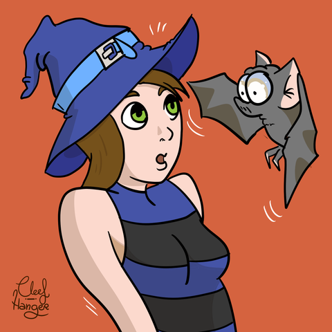 Bruja con sombrero picudo morado, pelo castaño y camiseta de tirante gordo a rayas negras y moradas, asustada porque se le ha venido a la cara un murcielago cuquisimo volando.