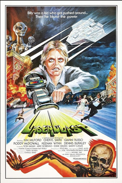 horrifying poster for 1978 movie "laserblast" featuring a scary-eyed dude with a laser on his arm, and some aliens and spaceships and burning buildings and panicking people in the background. oh and a flaming skeleton

caption "Billy was a kid who got pushed around... Then he found the power"