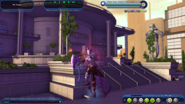 city of heroes, outside of paragon city hall. hero, WORLD OF WARCRAFT hovering in the air hold the Ghost Slaying Axe
