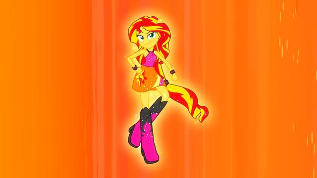 A shot from the film Equestria Girls: Rainbow Rocks (2014). It shows the character Sunset Shimmer at the end of her "pony up" transformation, against an abstract orange background. She has horse-like ears and her hair has grown all the way to her ankles, and is tied at the height of her hips, so it looks like a "pony tail" behind her. She has yellow skin and red and yellow hair, and is wearing an orange skirt, a pink sleeveless blouse, and black and pink boots that go all the way to her knees. She is posing with one hand on her hip and one leg crossed behind the other, with a smug smile.