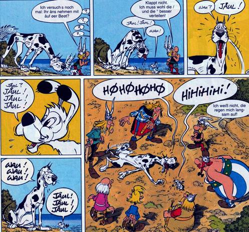 In diesen Szenen aus einem Asterix-Comic geht es turbulent und tierisch komisch zu: Eine große schwarz-weiße Dogge versucht, wie Idefix, zu jaulen – offenbar will er sich bei dem kleinen Hund beliebt machen oder dazugehören. Obelix, Asterix und mehrere Wikinger stehen daneben und schauen verwirrt zu. Idefix macht es der Dogge nach und kurze Zeit später jaulen beide in der jeweiligen anderen Hundesprache.
Inmitten des Chaos meint Asterix trocken: „Ich weiß nicht, die regen mich langsam auf!“