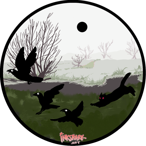 Three googly-eyed black birds flap away fearfully from a pouncing cat, which has scary red eyes. Behind them is a marsh, with a black moon (or sun?) in the white sky