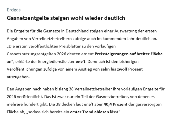 Screenshot eines Absatzes des Background Tagesspiegel Klima+Energie vom 10.10.25 mit der Überschrift: Gasnetzentgelte steigen wohl wieder deutlich.