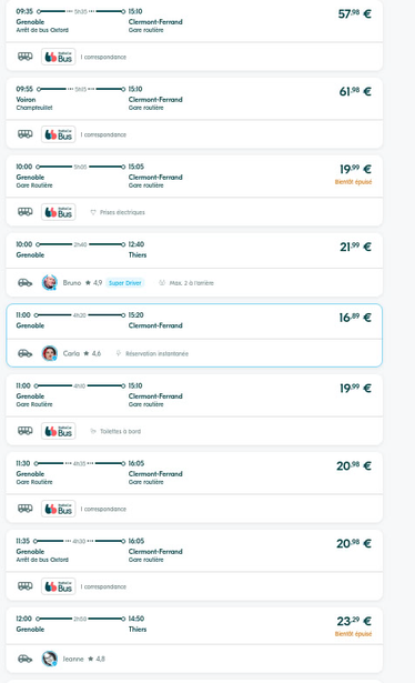 Capture d'écran des anonces de blablacar