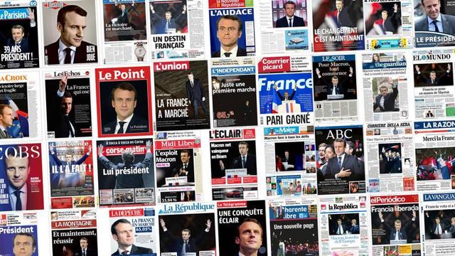 Collage de très nombreuses Une de journaux qui encensaient Macron il y a quelques années