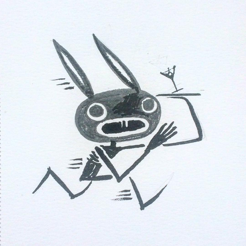 Dibujo muy simplificado de un conejito en tinta negra corriendo mientras lleva una copa de martini