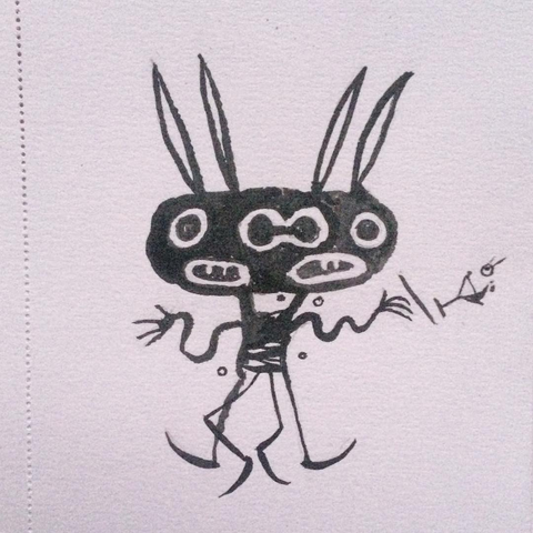 Dibujo muy simplificado de un conejito en tinta negra que está sufriendo por un proceso de mitosis como si fuera una célula