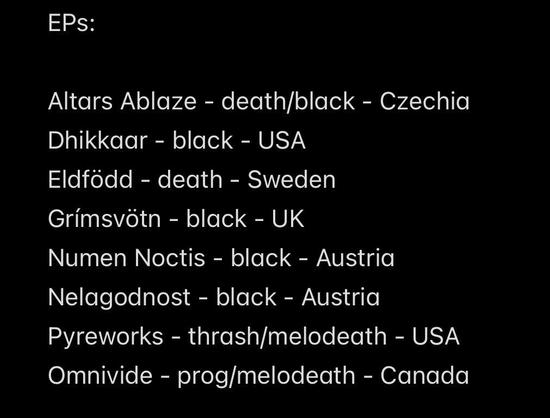 EPs:
Altars Ablaze - death/black - Czechia
Dhikkaar - black - USA
Eldfödd - death - Sweden
Grímsvötn - black - UK
Numen Noctis - black - Austria
Nelagodnost - black - Austria
Pyreworks - thrash/melodeath - USA
Omnivide - prog/melodeath - Canada