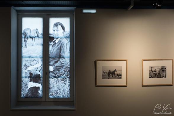 Photographie en couleur, capté en intérieur lors d'une visite d'une exposition photo. 
On peut y voir, à droite d'une fenêtre à deux battants, deux photos monochromes encadrées, présentant pour la première l'embarquement d'un cheval depuis le quai sur un bateau déponté, et pour la seconde deux hommes à bord d'un bateau, devant la passerelle.
Sur les deux battants de la fenêtre, ont été collés les 2 moitiés d'une photo verticale également en noir et blanc, présentant à droite, un homme vêtu d'un bleu de travail et coiffé d'un béret, assis sur une botte de paille avec ses pieds un chien noir et blanc qui semble être un border collier. Dans l'arrière plan sur le battant de gauche, on peut voir un cheval sur un pré.