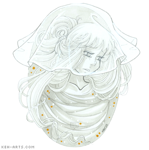 Drawn all in greyscale fineliners and markers - a very swirly ghost girl in an oval frame. We can see her head and neck, the rest of her body is covered in swirly misty cloth. She has very swirly long hair that is also pinned back. A white veil covers the upper part of the picture draped over the frame and covering her hair. The lineart behind the veil is softer/paler than the rest of the image.