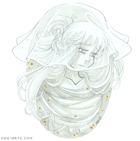 Drawn all in greyscale fineliners and markers - a very swirly ghost girl in an oval frame. We can see her head and neck, the rest of her body is covered in swirly misty cloth. She has very swirly long hair that is also pinned back. A white veil covers the upper part of the picture draped over the frame and covering her hair. The lineart behind the veil is softer/paler than the rest of the image.