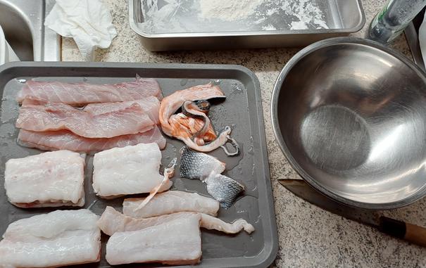 Die gekauften Schnittreste von vier verschiedenen Fischsorten.
