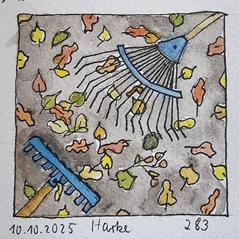 Aquarellskizze: Sicht von oben auf einen blauen Rechen und eine blaue Harke, die Herbstlaub zusammenbrechen möchten.