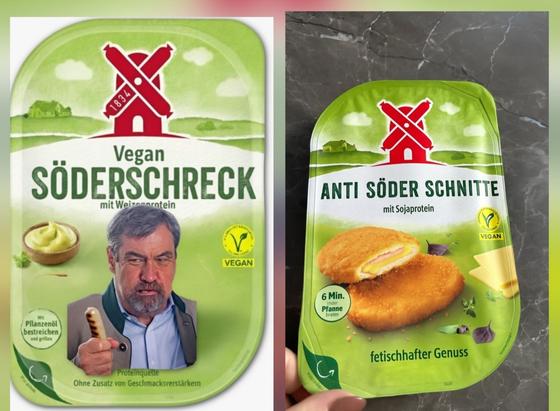 Gefakte Rügenwalder Produkte: Der Vegane Söderschreck (Vegane Bratwurst) und die Anti Söder Schnitte (Vegane Cordon Bleu)