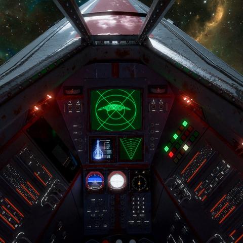 View of the instruments in a Viper cockpit from Battlestar Galactica.