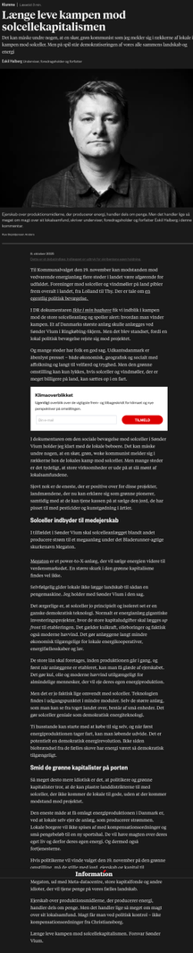 Kronik i Information d. 10/10-25 af Eskil Halberg. Titel: Længe leve kampen mod solcellekapitalismen.