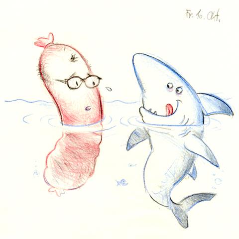 Friday fish drawing: a  red sausage on the left and a blue shark on the right are both half submerged in water, the heads sticking out. The sausage wears round glasses and has a small island of hair on the forehead (which gives it a spight resemblance if the german chancellor Friedrich Merz). It casts a worried look at the shark, who licks it‘s lips and smiles. In the water we see a few tiny fishes and air bubbles. The top right reads „Fr. 10. Okt.“ drawn in a funny cartoon style with blue, red and black pencil. 

Freitagsfisch-Bild: Links ist eine rote Wurst und rechts ein blauer Haifisch, beide halb im Wasser, so dass die Köpfe in der Luft sind. Die Wurst trägt eine runde Brille und hat eine kleine Haarinsel auf der Stirn. Sie guckt besorgt zu dem Hai, der sich die Lippen leckt und zur Wirst hinübergrinst. Im Wasser sind einige winzige Fischchen und Luftblasen zu erkennen. Oben rechts steht: „Fr. 10. Okt.“. Cartoonartig-lustige Zeichnung mit rotem, blauem und schwarzem Buntstift.