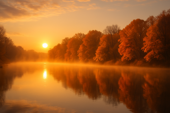 Ein stimmungsvolles Foto zeigt einen ruhigen Fluss im Morgengrauen. Am gegenüberliegenden Ufer leuchten Bäume in intensiven Herbstfarben – Orange, Rot und Gold – im Licht der aufgehenden Sonne. Der Himmel ist zartrosa gefärbt, und Nebelschwaden ziehen weich über das Wasser. Die Szenerie wirkt friedlich, fast magisch, als würde die Welt für einen Moment den Atem anhalten. Die herbstliche Wärme der Farben steht in sanftem Kontrast zur kühlen Frische des Morgens.