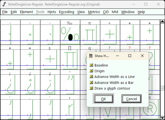 Screenshot of letter outlines in green color