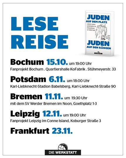 Das Bild zeigt die Stationen der Lesereise zu Ruben Monty Ott & Ruben Gerczikow über Antisemitismus im Fuball. ZumAuftakt gibt es eine Lesung im Fanprojekt Bochum