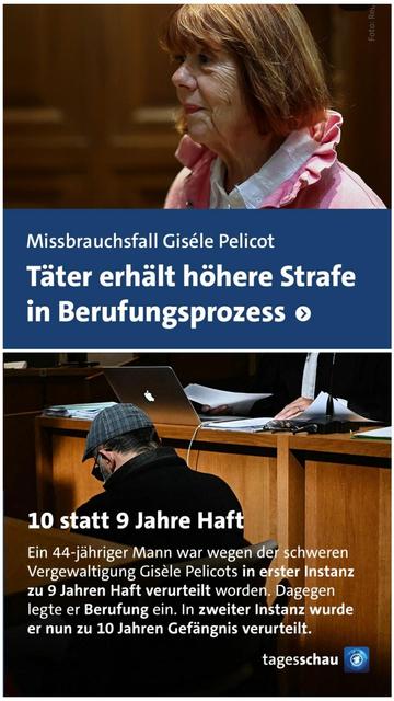 Collage von der Tagesschau

Oben Vergewaltigungsopfer Gisele Pelicot
Unten Bild vom Gericht, dass einer der Täter in Berufung gegangen ist, und hat beim Berufungsgericht seine Strafe von 9 auf 10 Jahre verlängert