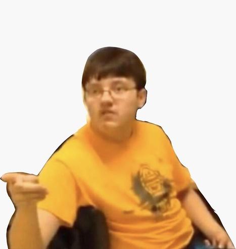 Cutout image of an old meme video where a teenage boy is pointing towards someone behind the camera. In the original video he is saying "I'm about to say it. I don't care that you broke your elbow." as a reaction to him being bullied.