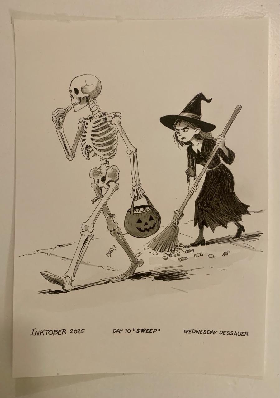 A pen and ink drawing of a skeleton walking down the street eating candy from a trick or treat bag. The candy falls through his ribs to the floor. A witch trails him sweeping up the candy with her broom. She looks annoyed.