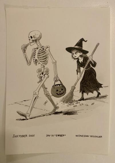A pen and ink drawing of a skeleton walking down the street eating candy from a trick or treat bag. The candy falls through his ribs to the floor. A witch trails him sweeping up the candy with her broom. She looks annoyed.