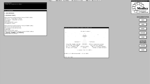 Screenshot of the black and white desktop of a 1980s graphical workstation environment. The desktop has a gray background pattern and several windows with a white background and a title bar with white text on a black background. The main window is a terminal emulator with a Telnet session connected to a BBS.
