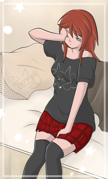 Red haired girl wake up and rub her eye still tired