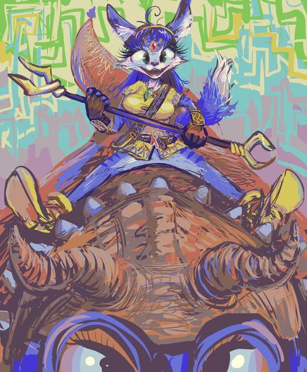 dorky smiling blue fox person wearing incomplete yellow garb and fingerless glovees holding a strange fork-ended spear-like object, sitting strangely on a creature implied to be a cartoon triceratops which is wearing curious blue goggles